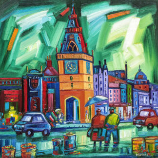 A vibrant, expressionistic painting depicting a bustling city scene with a prominent clock tower, colorful buildings, vehicles, and pedestrians. By Raymond Murray